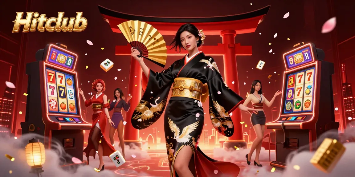 Experience the thrill of gambling at Hitclub with a captivating casino scene featuring slot machine reels, cherry blossoms, and golden lanterns.