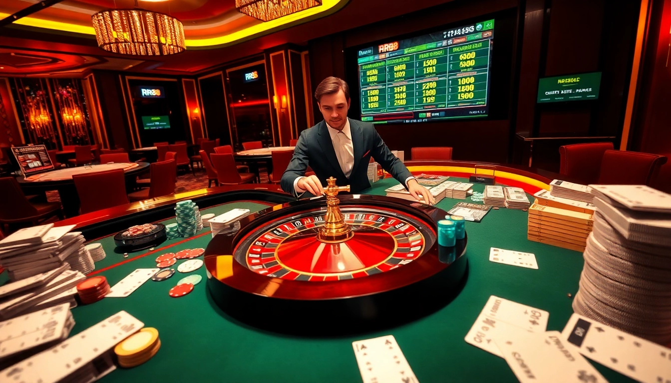 Experience RR88 casino excitement at a luxurious roulette table, showcasing vibrant chips and cards.