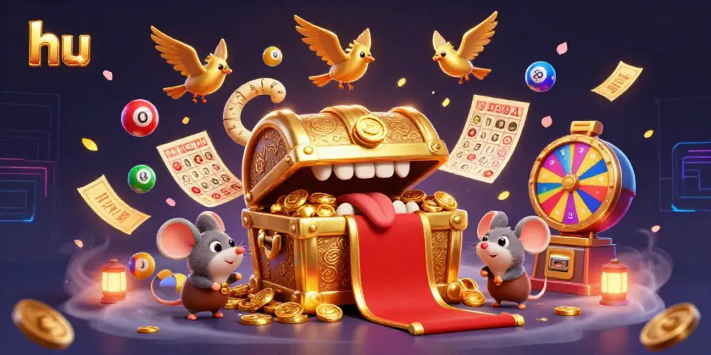 Experience thrilling gameplay with hu's dazzling casino scene featuring treasure chests and vibrant lottery elements.