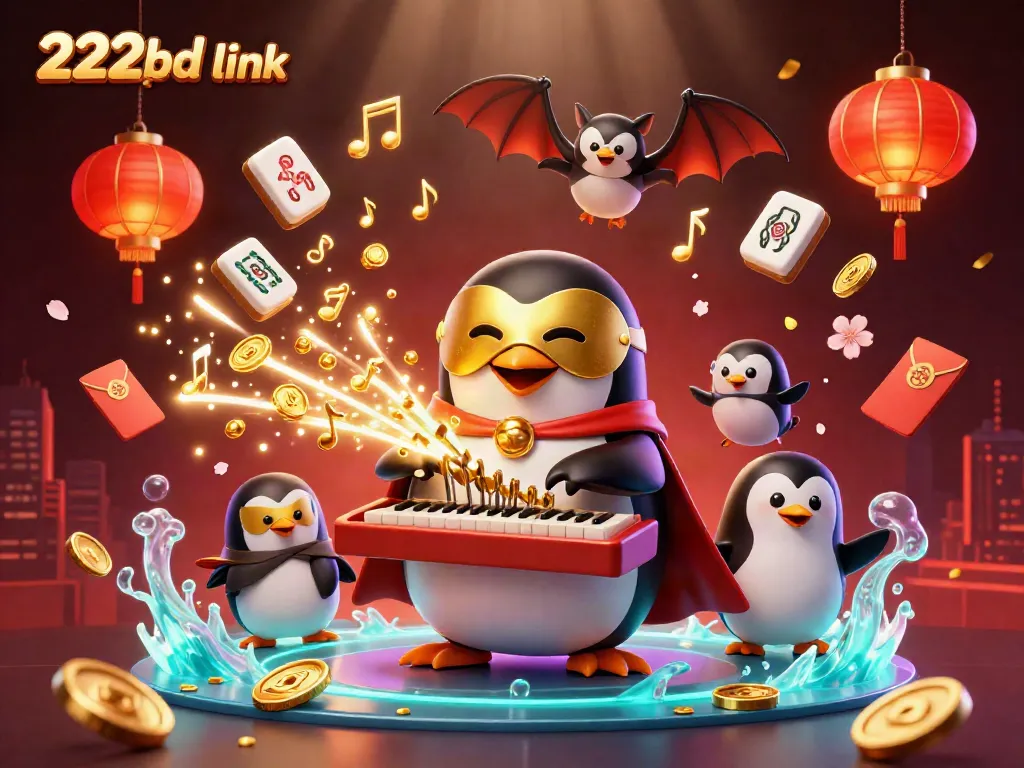 Immerse in the 222bd link universe where a phantom penguin plays a coin-shooting organ in a lively casino scene.