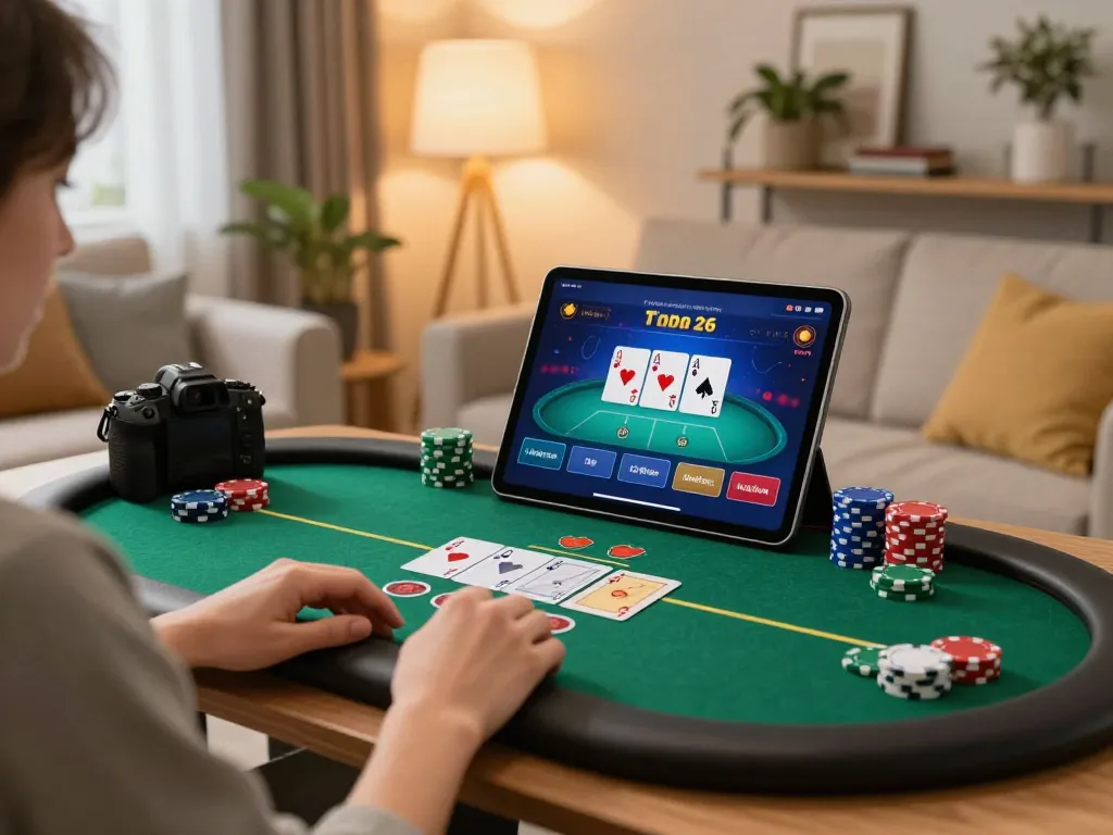 Player enjoying online casino games at home with O8 platform on tablet, showcasing a cozy gaming environment