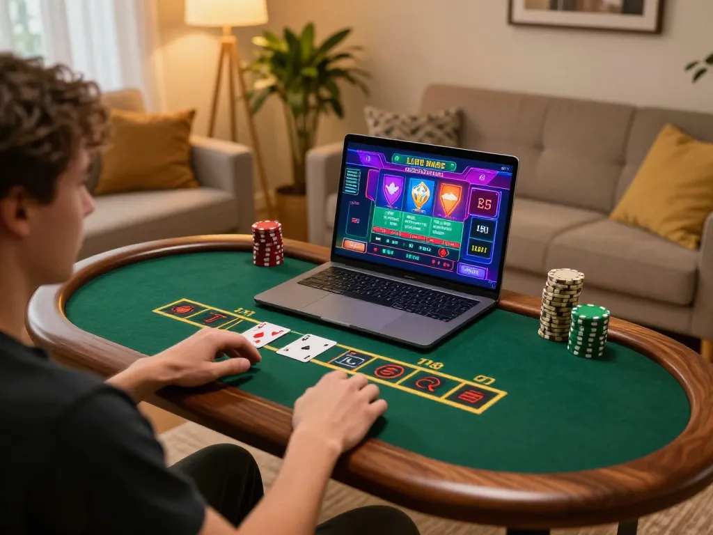 A player enjoying blackjack at home on the 999E online casino platform.