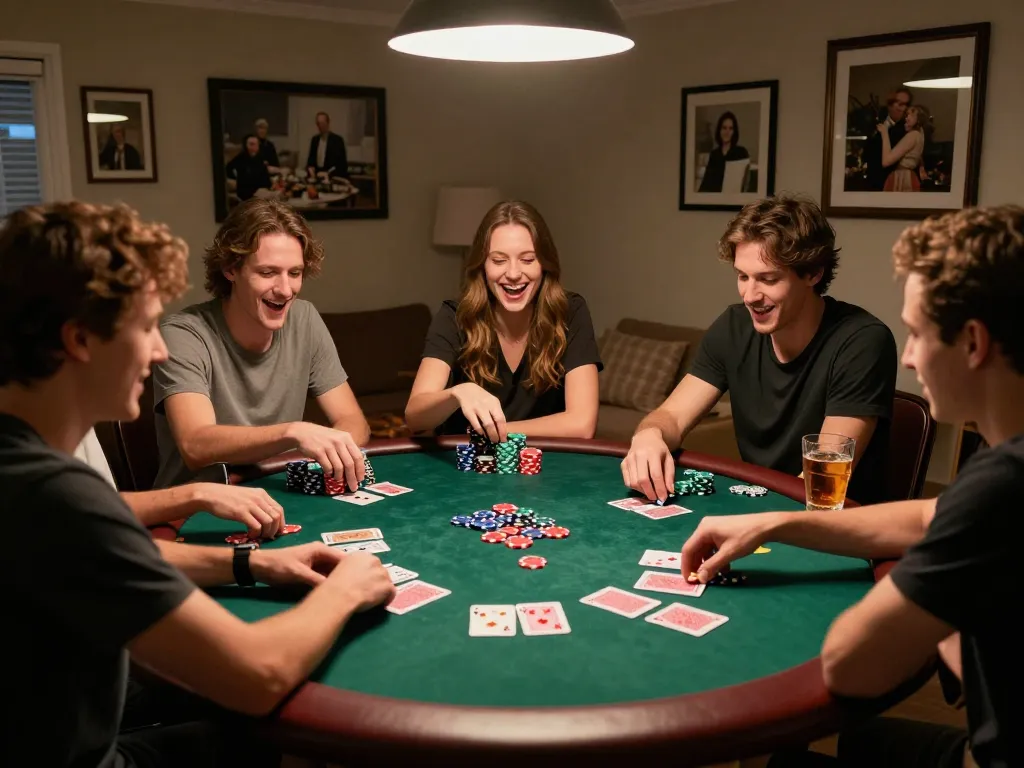 Poker night with friends enjoying a strategic game at home, showcasing vibrant atmosphere; play responsibly at https://go8.agency/.