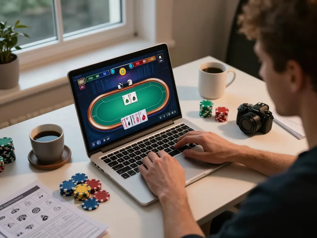 Engaging in strategic online poker gameplay at home on https://v788.biz/ with a laptop and poker chips