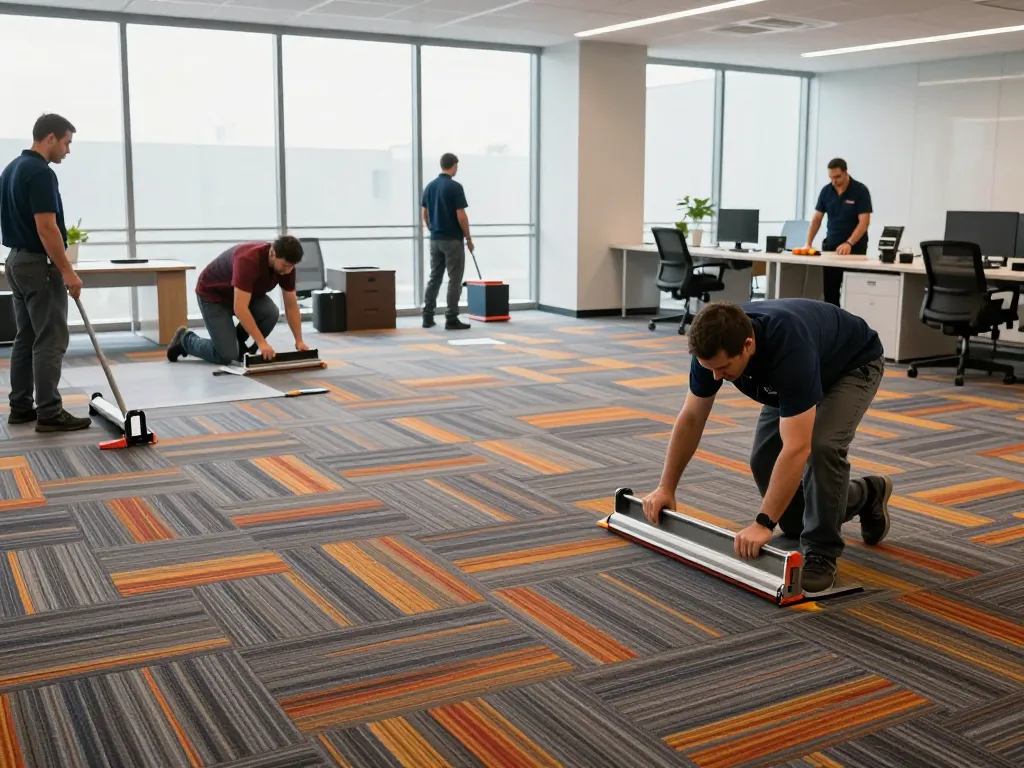 Commercial carpet installation in progress, showcasing skilled team laying durable carpet tiles in a modern office.