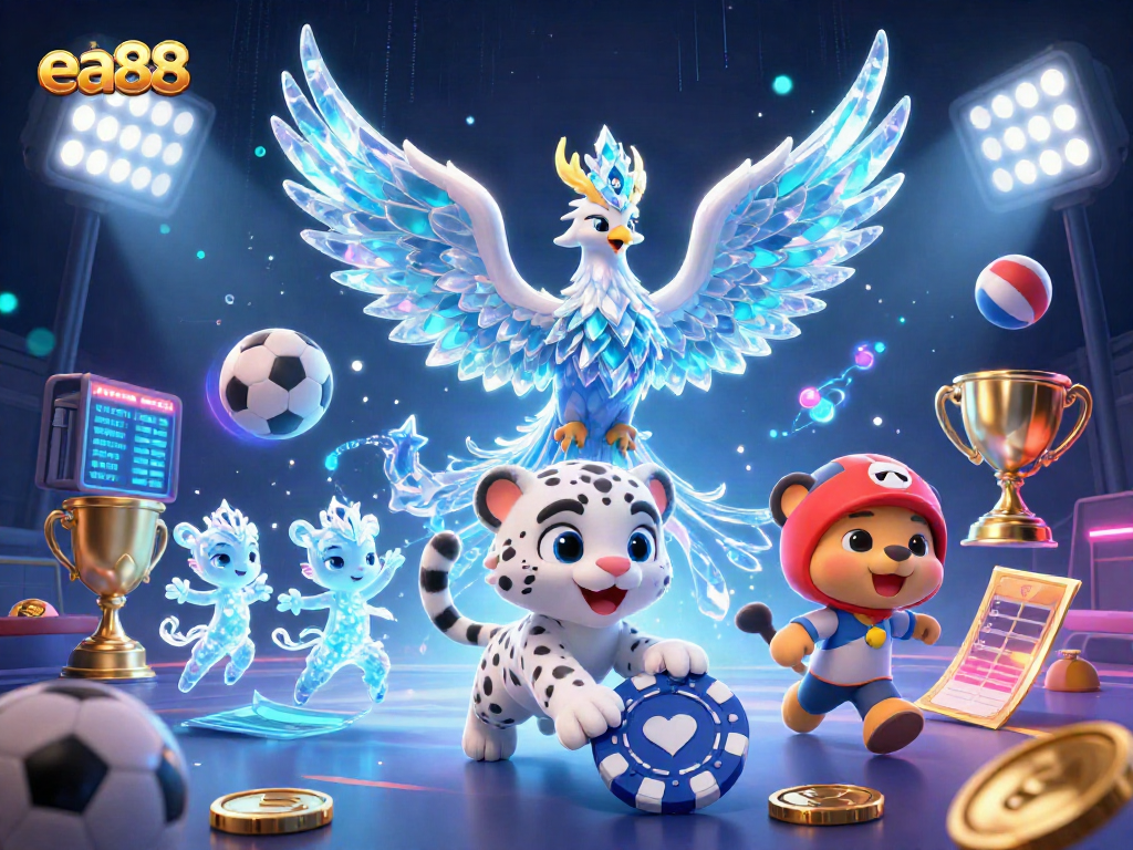ea88 showcases a vibrant 3D casino scene featuring a mystical ice phoenix and engaging sports elements.