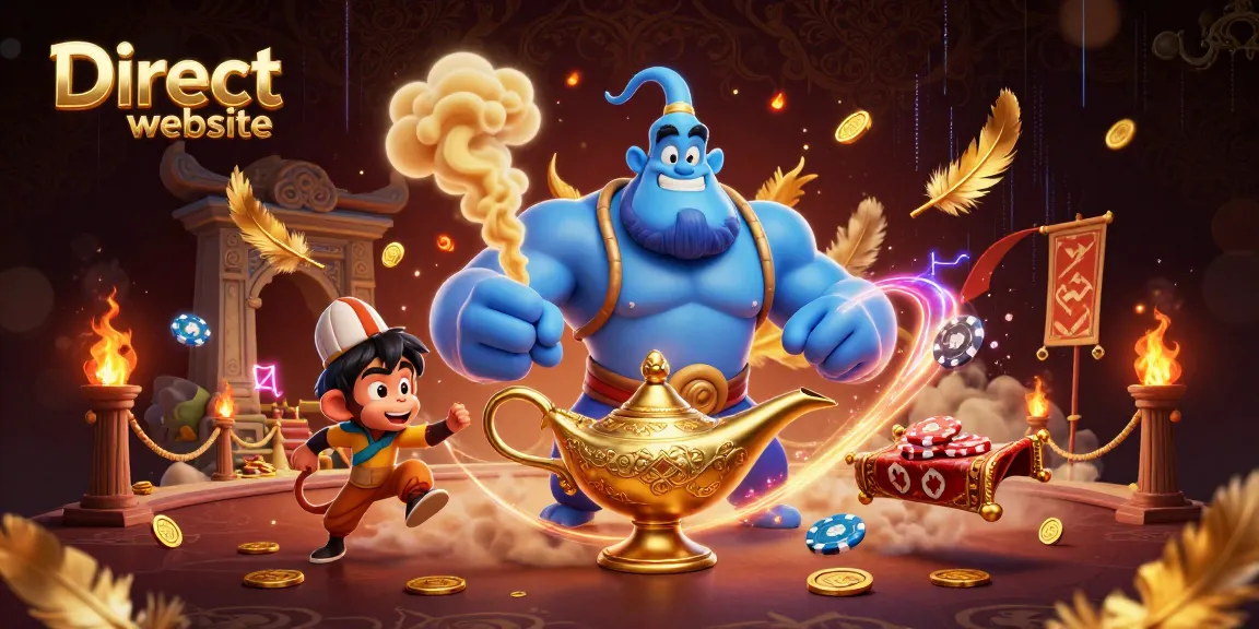 Engage with the thrilling action at a Direct website casino featuring a vibrant 3D scene with a genie, monkey, and magic carpet.