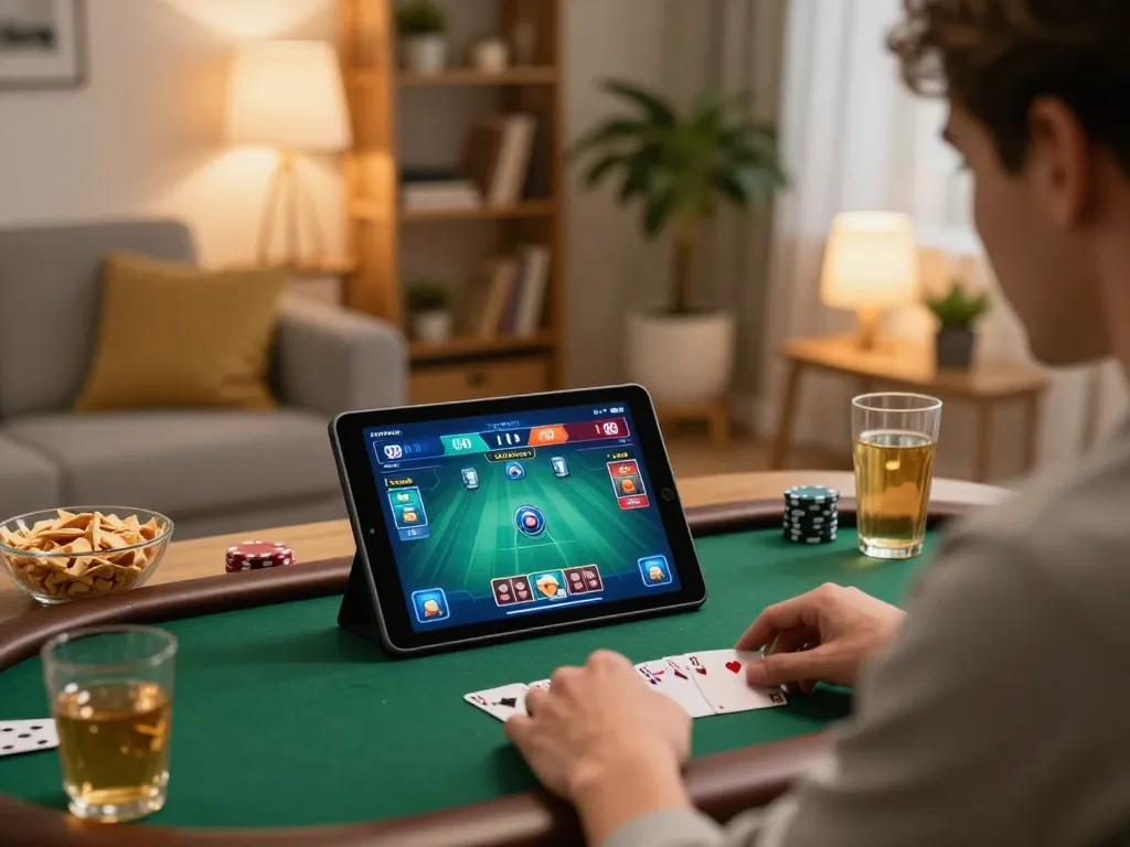 Player engaging in loto188 online poker game with cozy home ambiance and vibrant tablet screen.