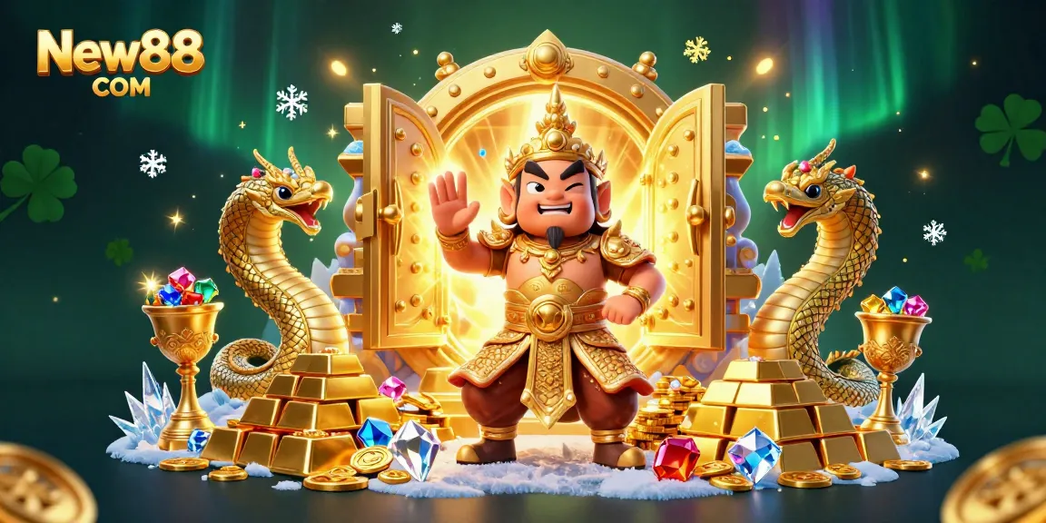 Experience thrilling wins at New88 COM with vibrant casino guardians and treasure illustrations.