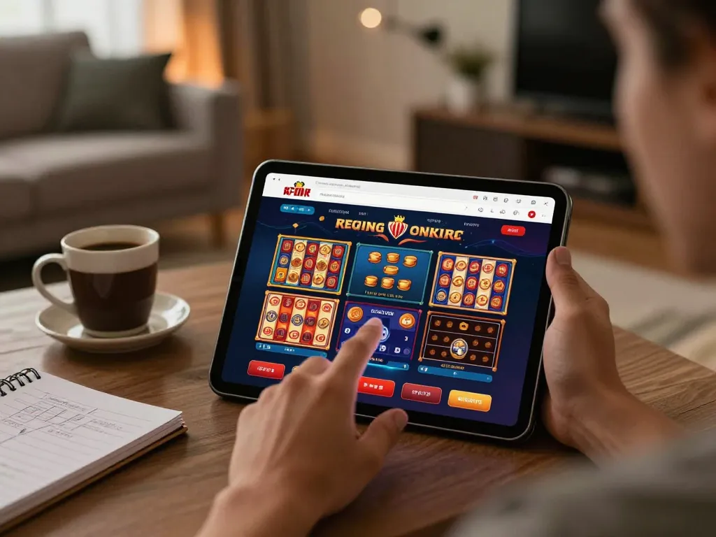 Engaging in online gaming at BL555 with a tablet, showcasing strategic choices and gaming variety in a cozy setting.