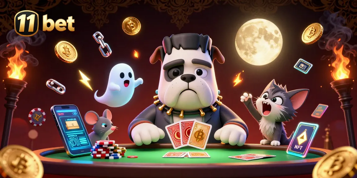 Engage with 11 bet's thrilling casino atmosphere featuring fun characters and vibrant crypto elements.