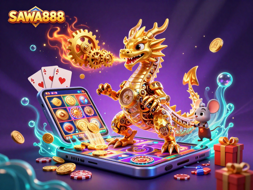 SAWA888 offers exciting slot games, featuring golden dragons and vibrant casino symbols for a thrilling experience.