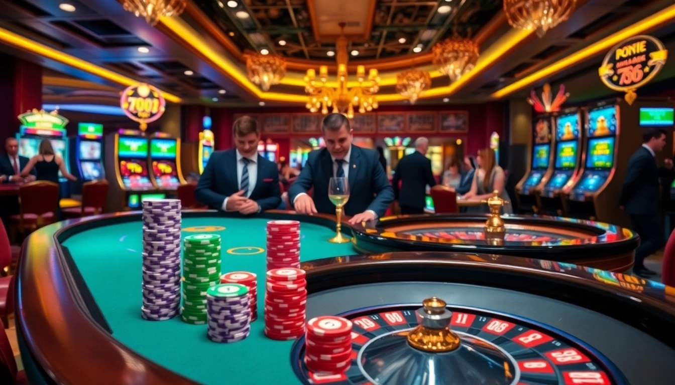 Experience the thrill of 789p at an elegant casino with poker, roulette, and vibrant slot machines.