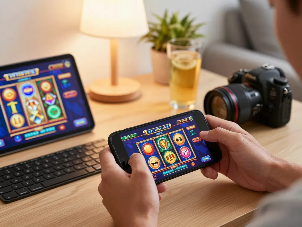 33WIN mobile app gaming session showcasing exciting slot interfaces and cozy home setting