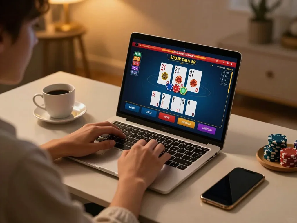 Engaged player using 888top for online casino betting at stylish home desk