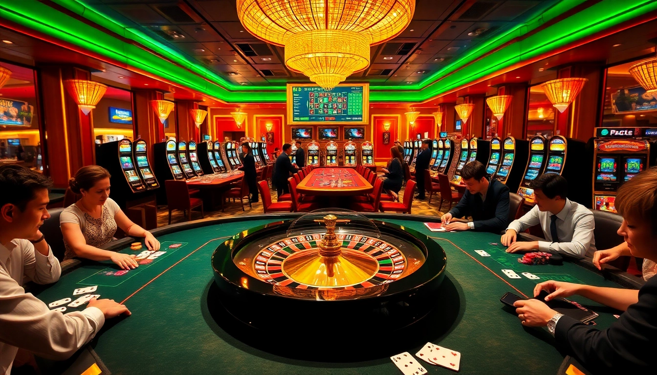 33win players engaged at an upscale casino, showcasing poker chips and a roulette wheel.
