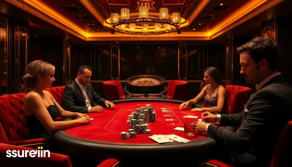 Exciting poker action at a luxury casino showcasing surewin branding.