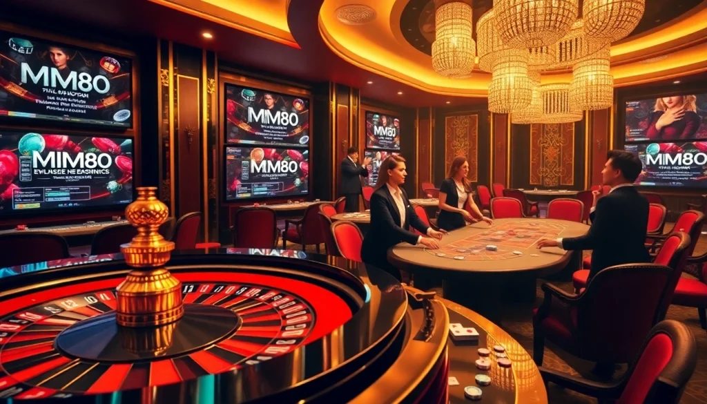MM88 online casino with vibrant roulette and poker tables showcasing luxury and excitement.