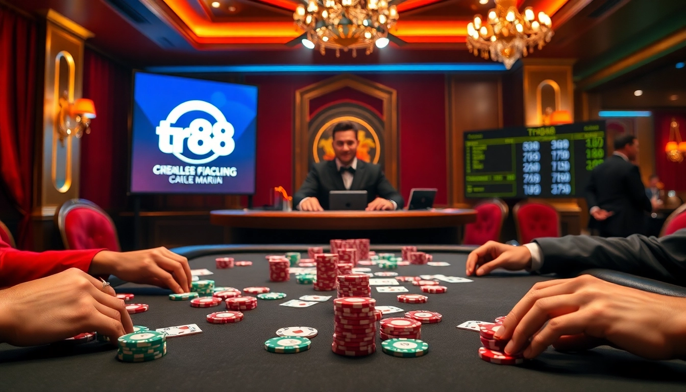 Experience high-stakes gambling with poker chips and a digital tr88 betting display.