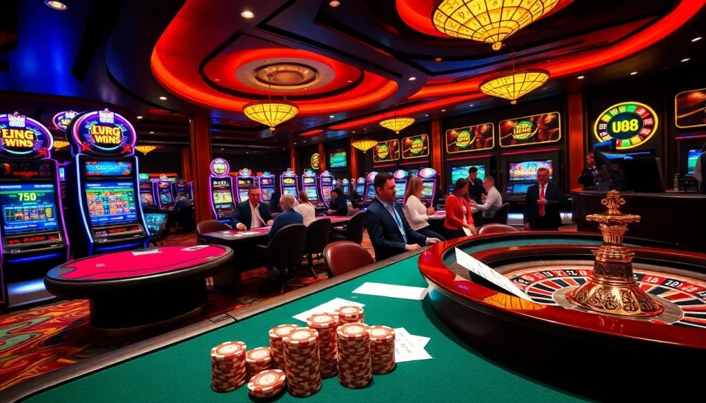 Experience thrilling wins at UU88's vibrant casino games, featuring poker tables and slot machines.