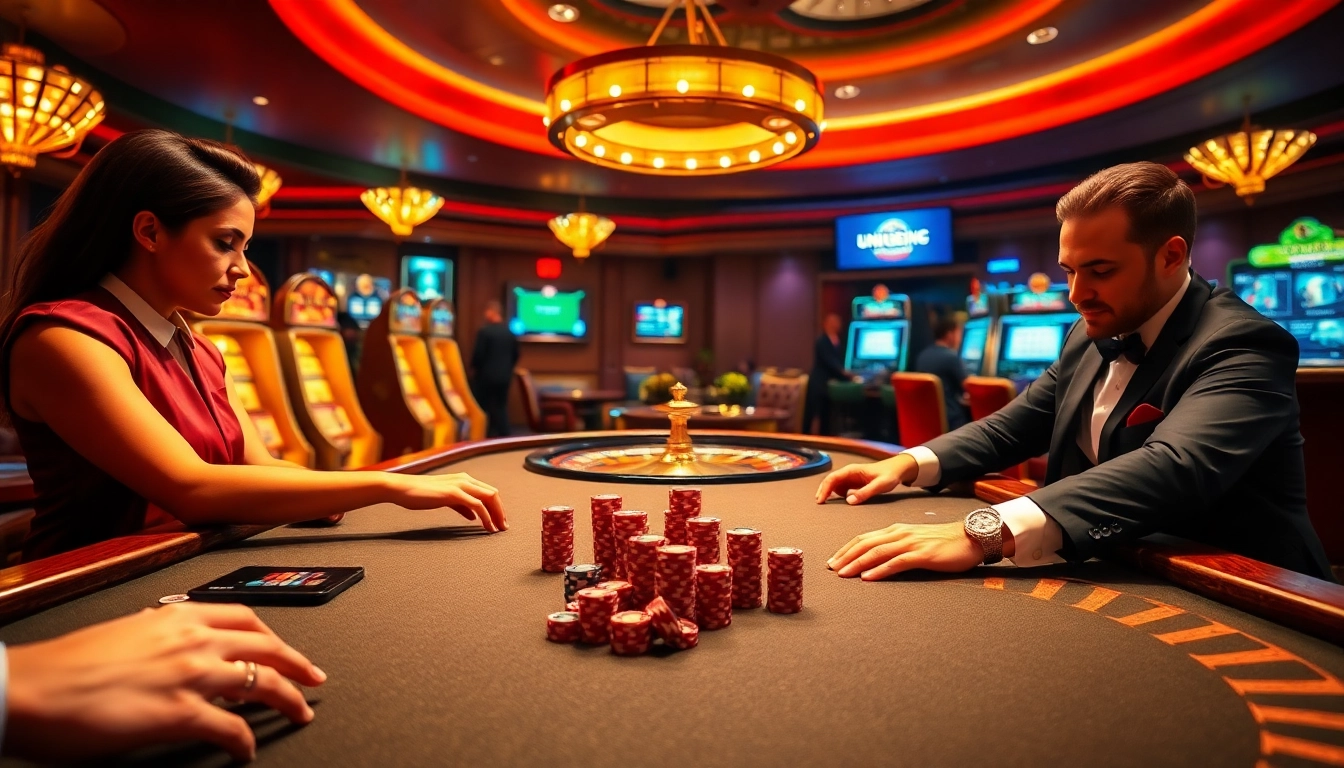 Engaging poker scene at uu88vip.sa com with players placing bets and vibrant casino elements.