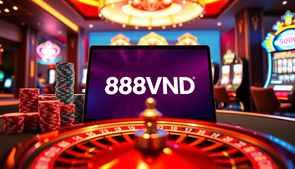Players enjoying premium online gambling at 888VND, featuring vibrant slot machines and poker chips.