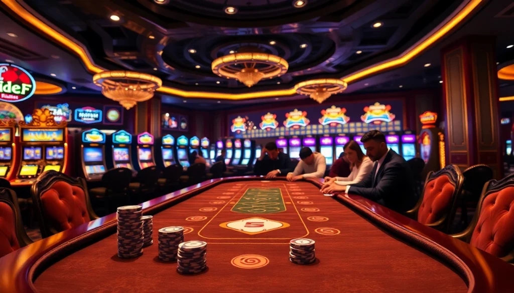 Experience the thrill of baccarat at https://red88.hot/, showcasing an elegant casino atmosphere filled with poker chips and slot machines.