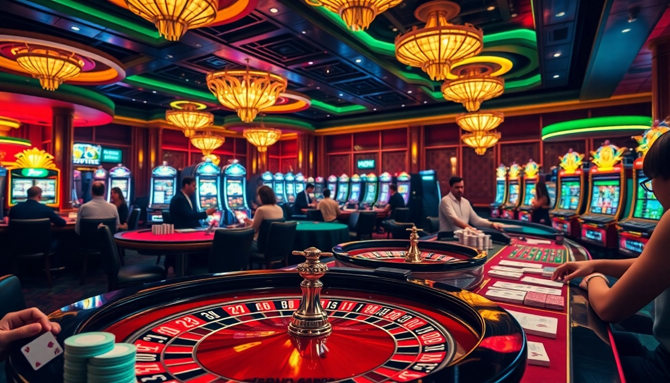 Players enjoy thrilling casino games at https://hb88hz.club/, showcasing roulette, poker, and slots in a vibrant setting.