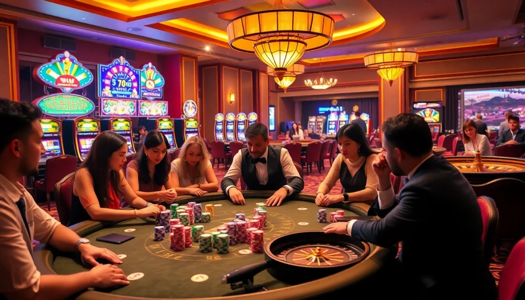 BJ88 players celebrating a huge win at a luxurious poker table with vibrant casino decor.