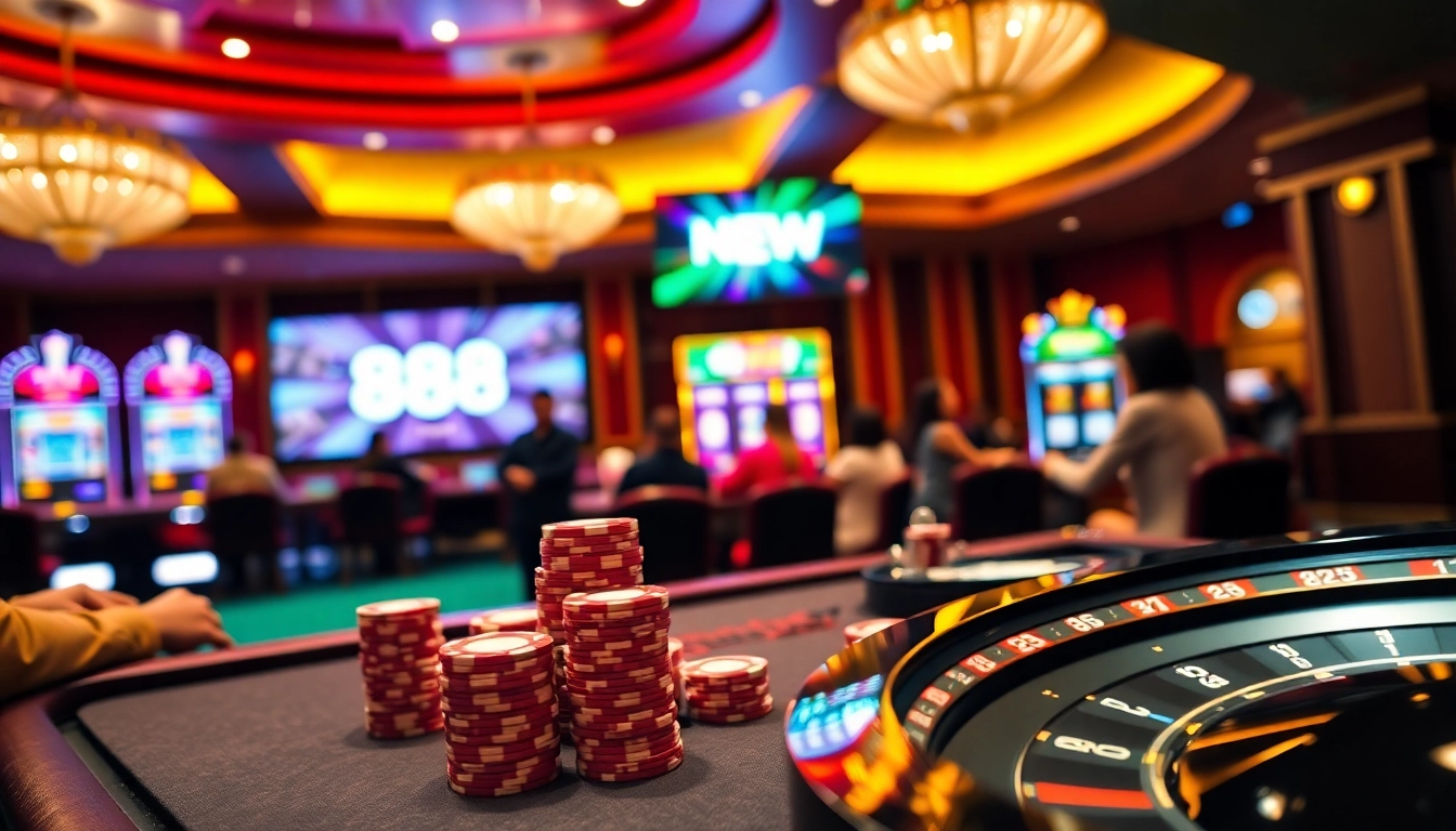 Engaged players at 888NEW's poker table, showcasing vibrant chips and a lively casino atmosphere.