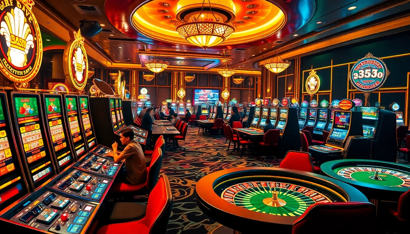 A group of players enjoying the excitement of gaming at 555win casino, featuring vibrant slot machines and poker tables.