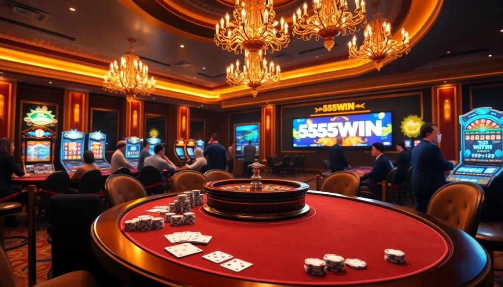 Experience luxury gaming at 555WIN with poker tables, slot machines, and roulette in an elegant setting.