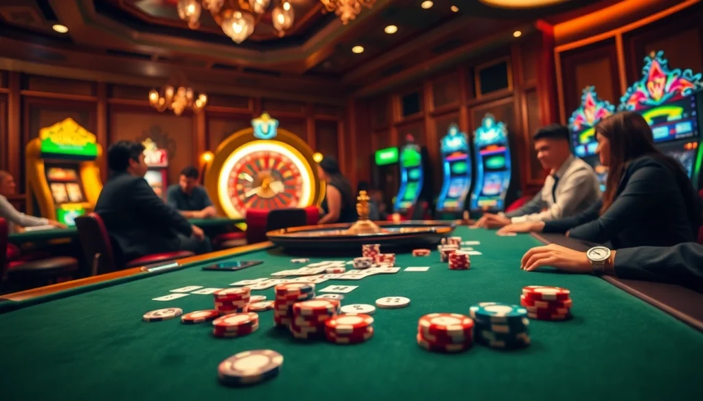 Experience exhilarating gameplay at https://f168.direct/ with a vibrant casino scene filled with players enjoying poker and roulette.