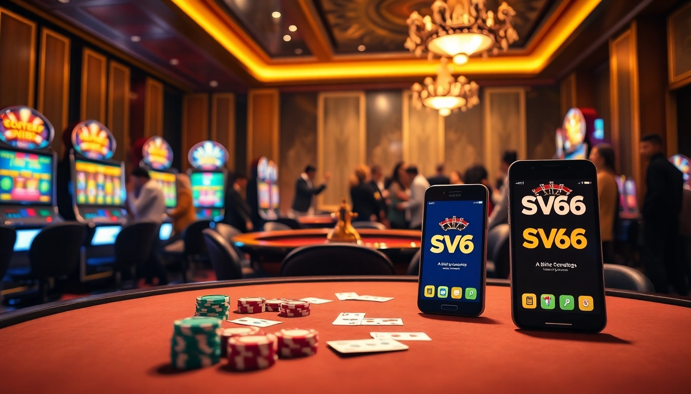 Experience the excitement of SV66 at an upscale casino scene with poker tables and vibrant slot machines.