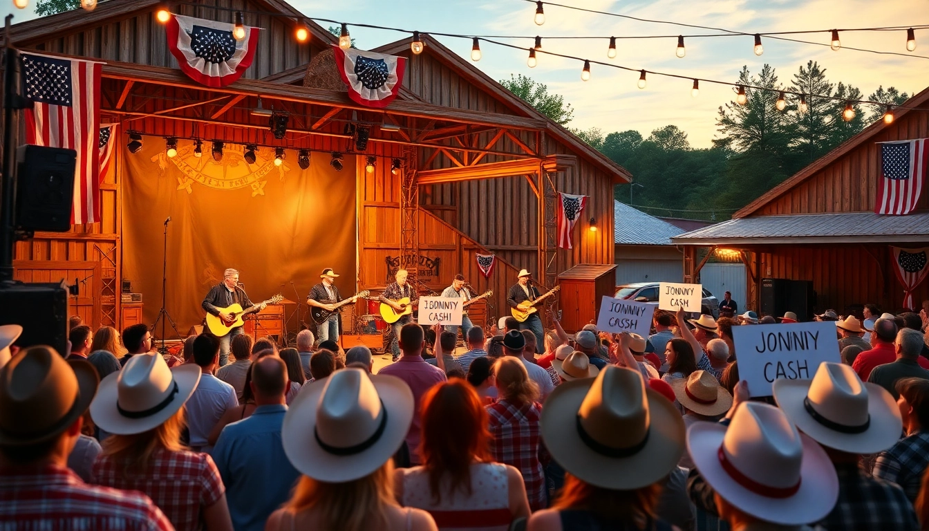 Fans celebrating at the Johnny Cash birthday event captured at johnnycashbirthday.com with live music and festive atmosphere.