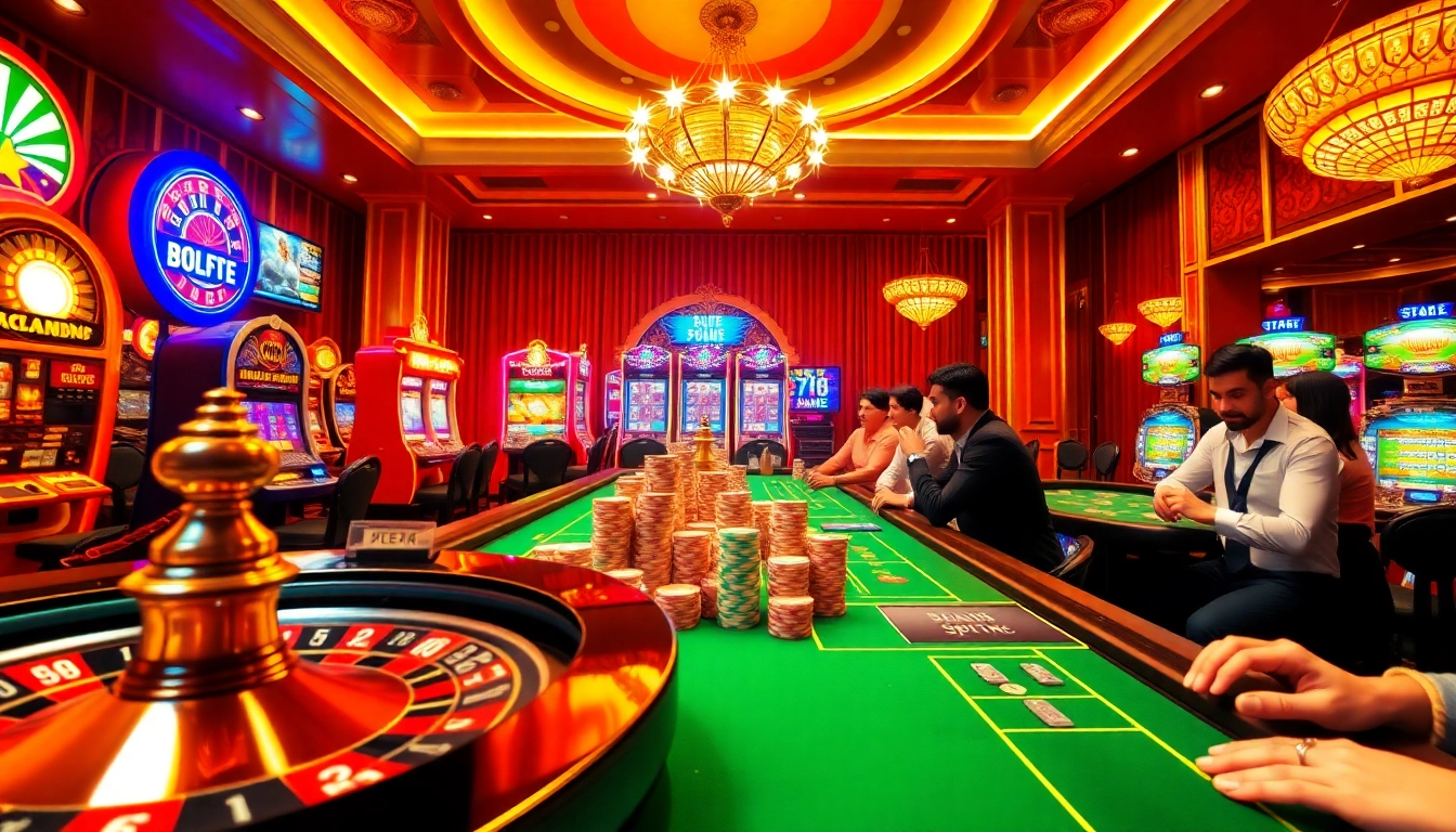 A thrilling scene at https://s666hn.com/, showcasing a vibrant casino with spinning roulette, stacked poker chips, and engaged players.