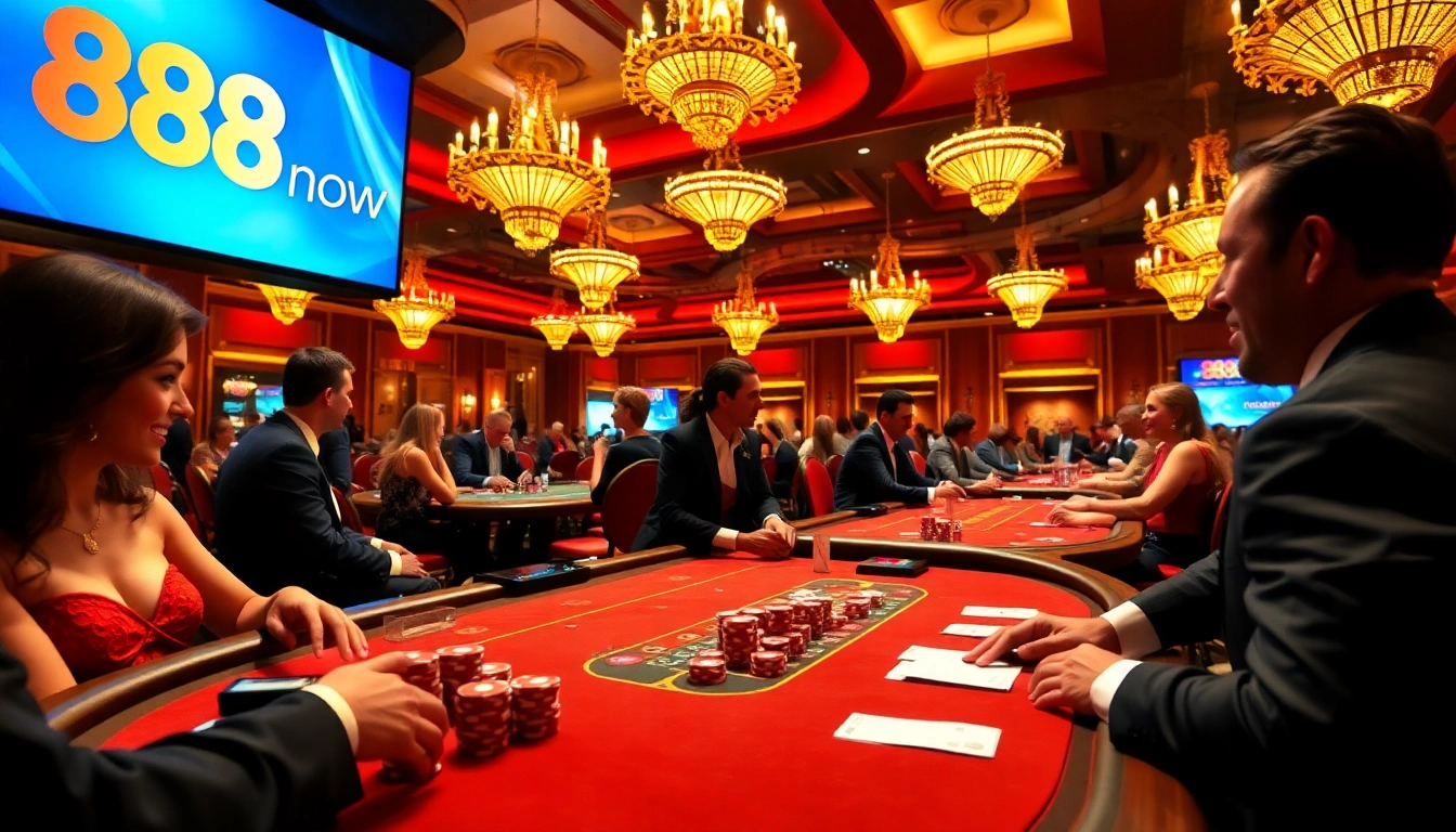 High-stakes poker game at 888now casino showcasing vibrant chips and cards.