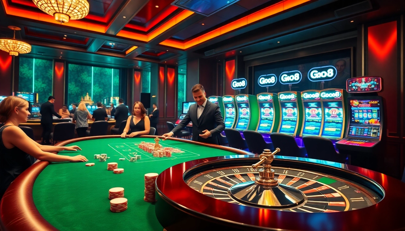 Go8 casino players engaging in an exciting poker game amidst a lively gambling atmosphere.