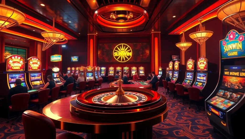 Players enjoying a thrilling game at Sunwin casino tables with vibrant slot machines