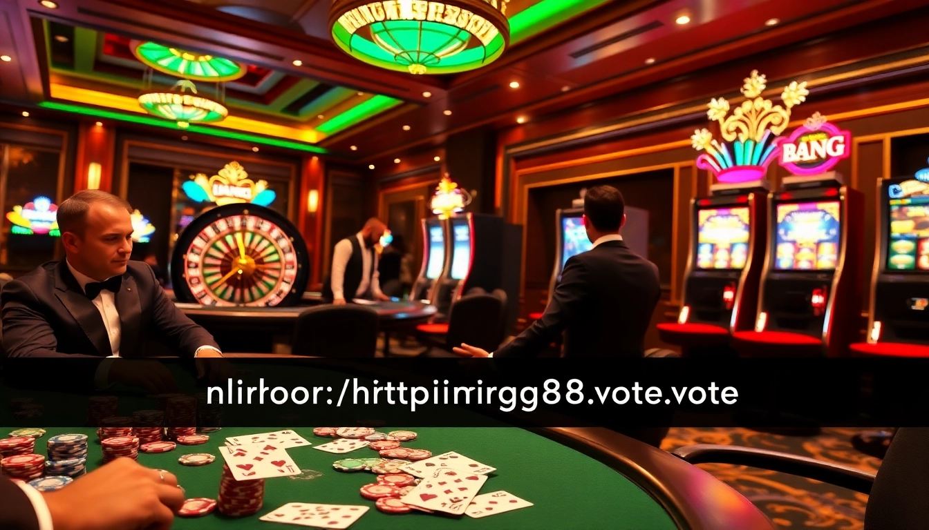 Players enjoy a thrilling poker game and slots at a luxurious casino, linking to https://king88.vote/ for betting excitement.