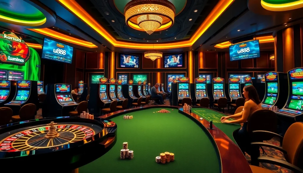 Experience thrilling gameplay at u888 with vibrant casino elements like roulette and poker.