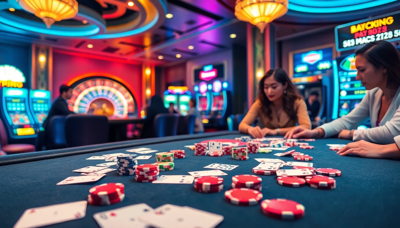 Kp88 players joyfully strategizing at an upscale casino table with poker chips and cards.