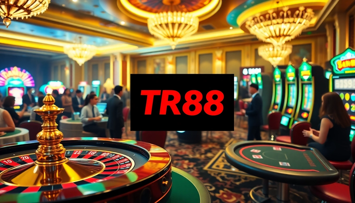 Exciting gambling scene at TR88 casino featuring vibrant slot machines and engaged players.