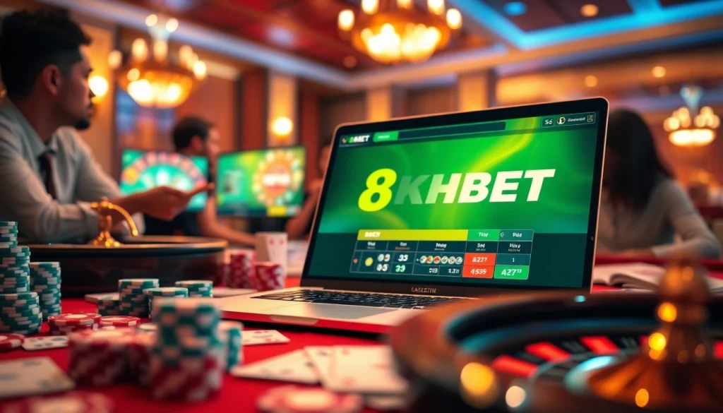 Experience the thrill of 8KBET with luxurious casino visuals featuring poker chips and roulette.