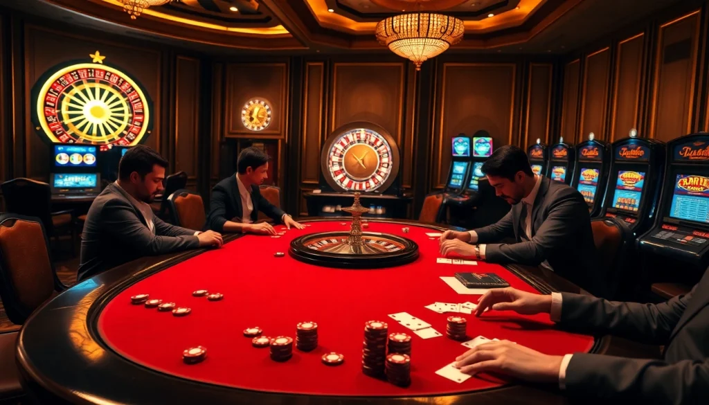 Experience the thrill of OKFUN with an exciting poker table and vibrant casino atmosphere.