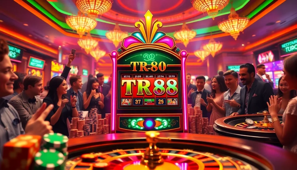 Experience the thrill of TR88 with a vibrant casino scene filled with slot machines and poker chips.