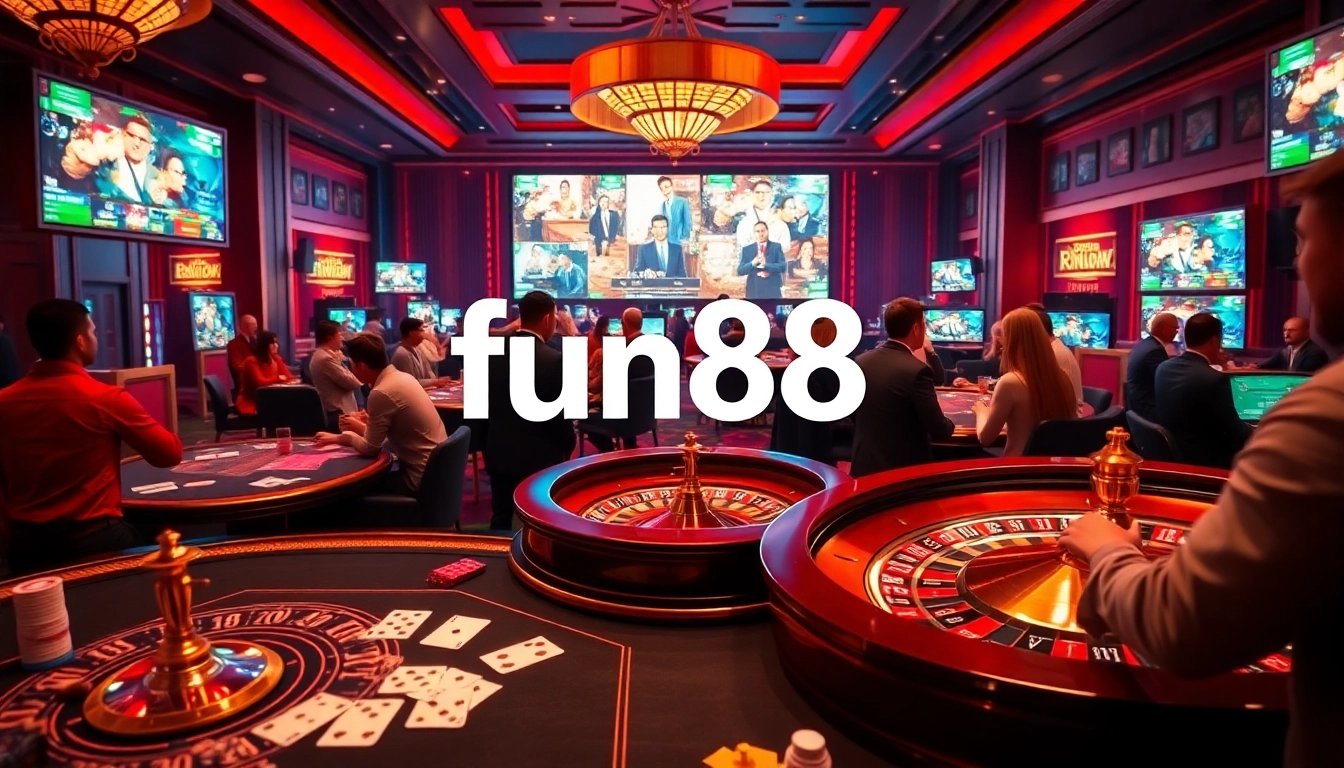 Players enjoying a thrilling game of poker at fun88 casino with vibrant atmosphere and luxurious design.