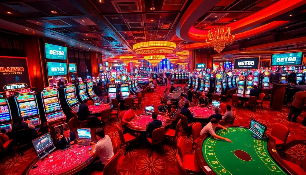 Action-packed casino gaming scene illustrating BET88 with players at tables and vibrant slot machines.