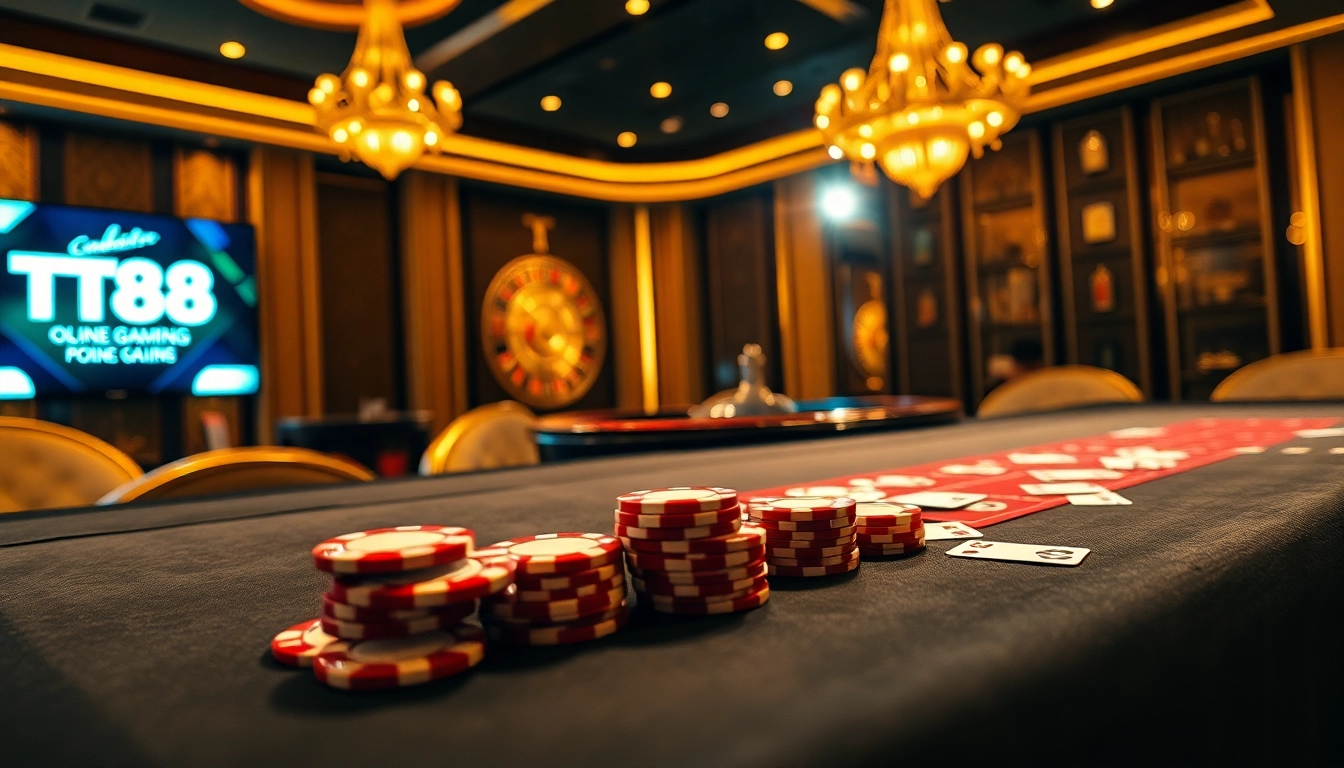 Engaging scene with TT88 poker setup and dazzling roulette wheel in a luxurious casino ambiance.