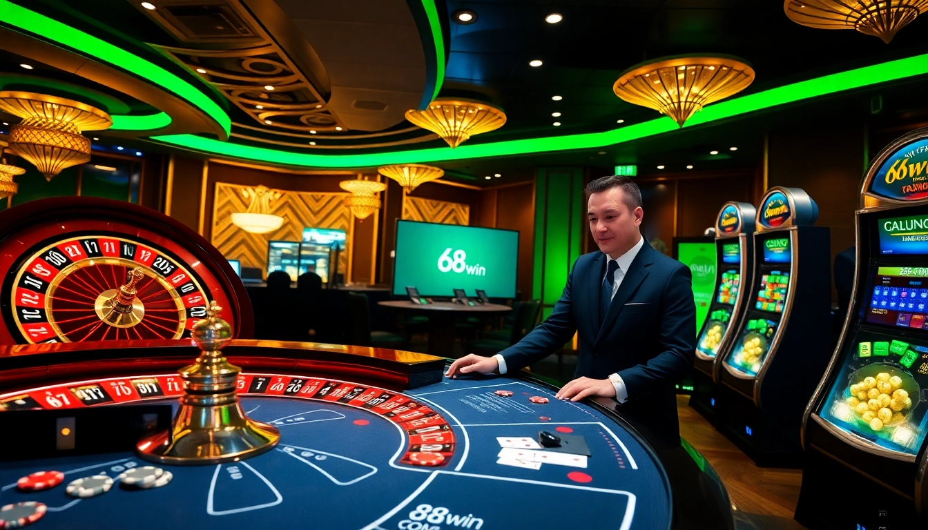Engaging online gaming experience at 68win com with poker chips and roulette.